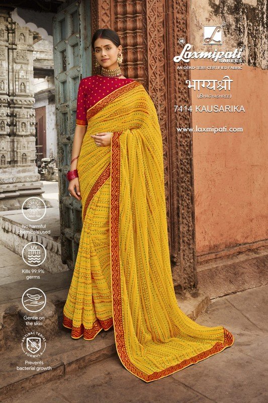 Laxmipati Bhagyashree 7414 Yellow Satin Chiffon Saree