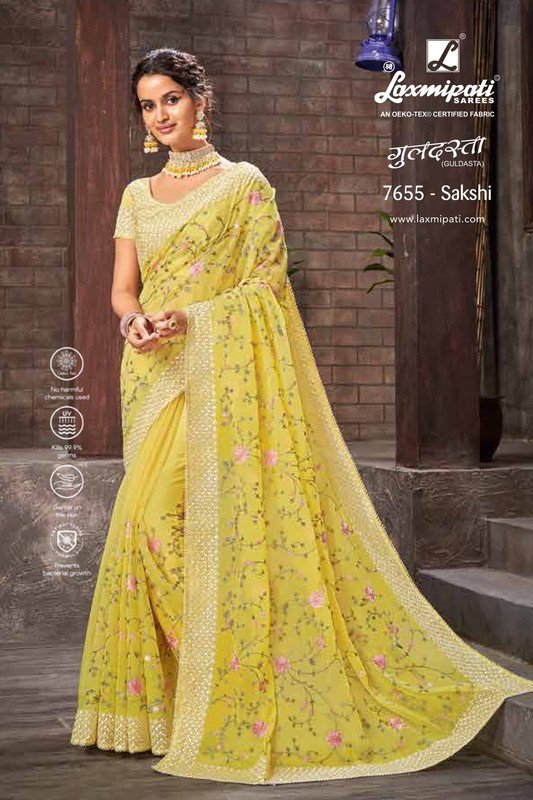 Laxmipati Guldasta 7655 Yellow Organza Saree