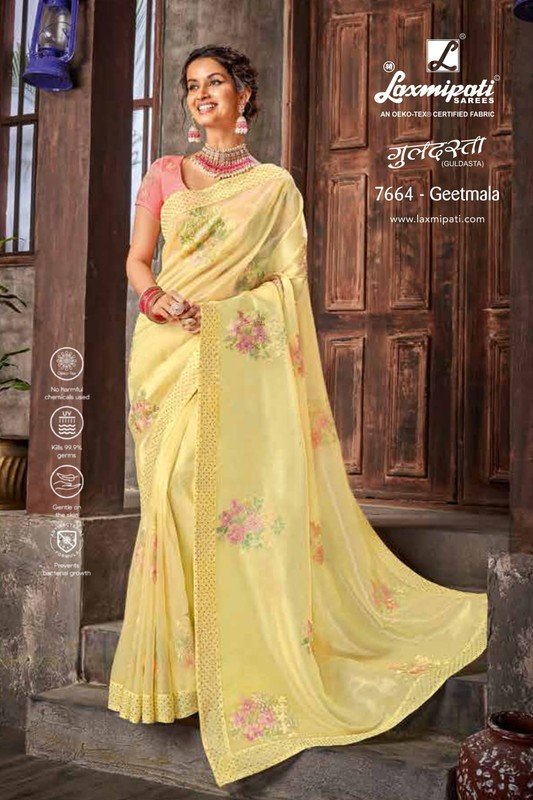 Laxmipati Guldasta 7664 Yellow Tissue Organza Saree