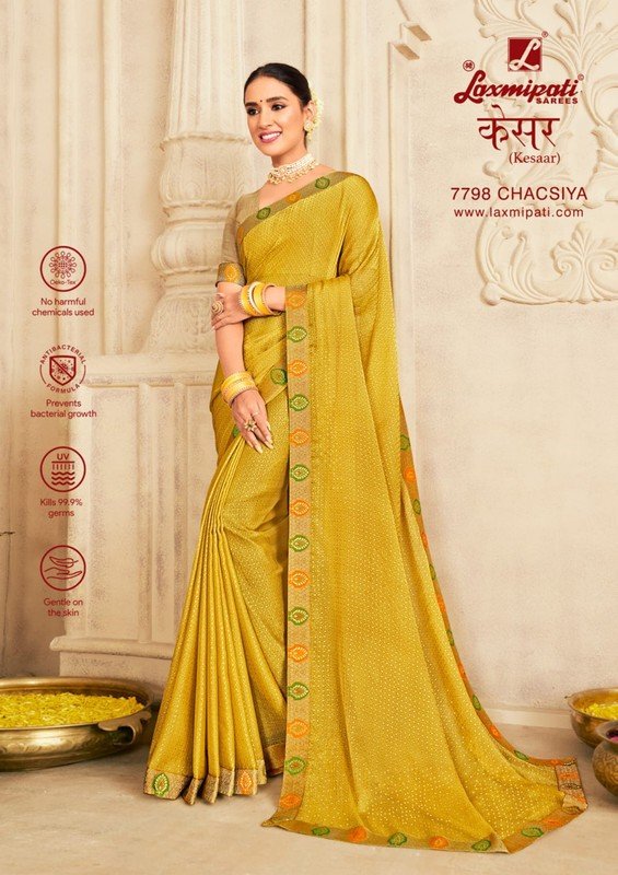 Laxmipati Kesar 7798 Yellow Satin Chiffon Saree