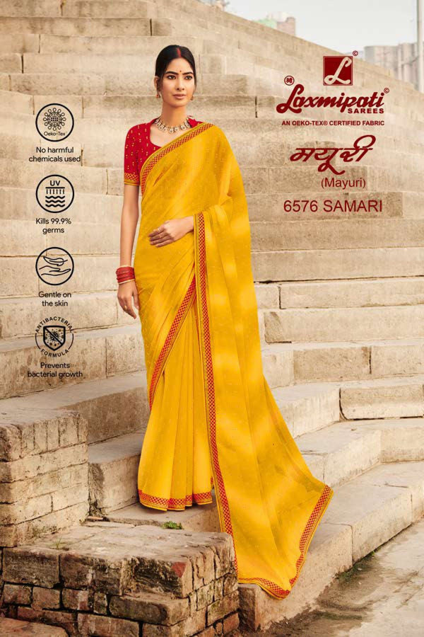 Laxmipati Mayuri 6576 Yellow Chiffon Saree