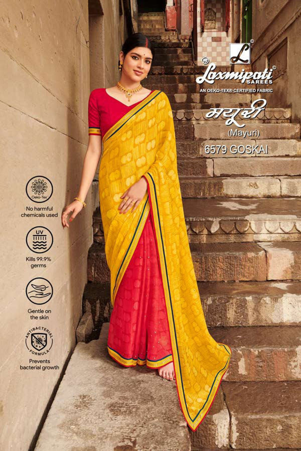 Laxmipati Mayuri 6579 Yellow Chiffon Saree