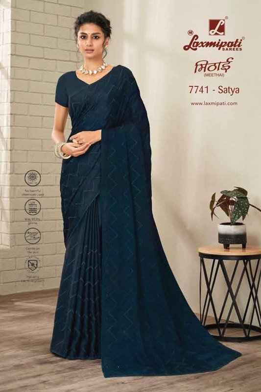 Laxmipati Meethai 7741 Blue Silk Chiffon Saree