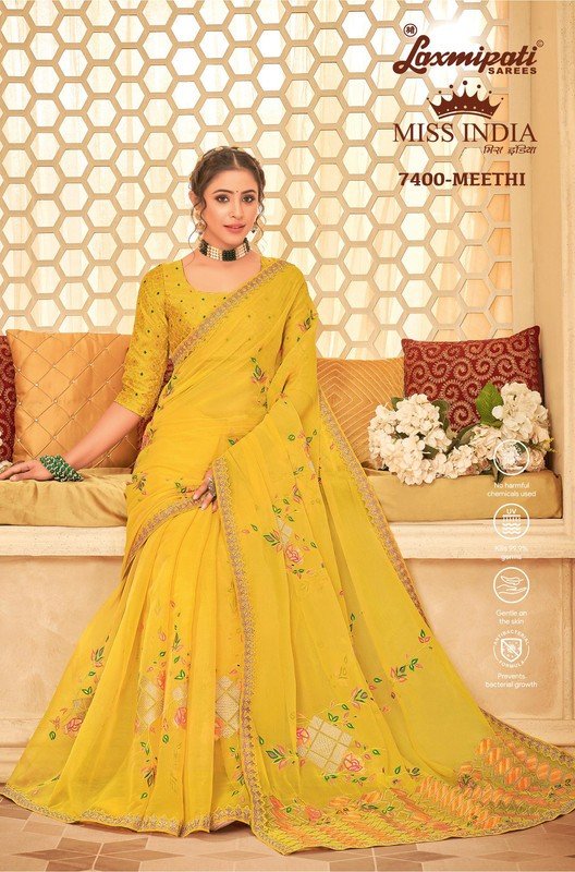 Laxmipati Miss India 7400 Yellow Tissue Organza Saree
