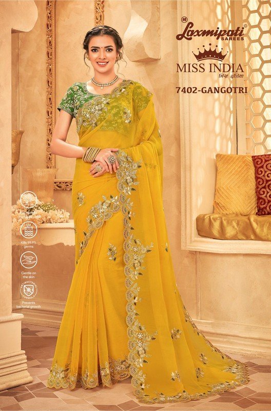 Laxmipati Miss India 7402 Yellow Tissue Organza Saree