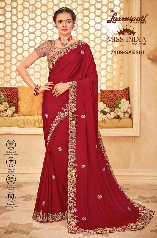 Laxmipati Miss India 7409 Red Crepe Silk Saree