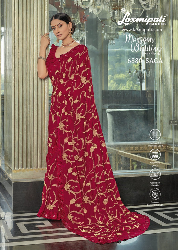 Laxmipati Monsoon Wedding 6880 Maroon Chiffon Saree