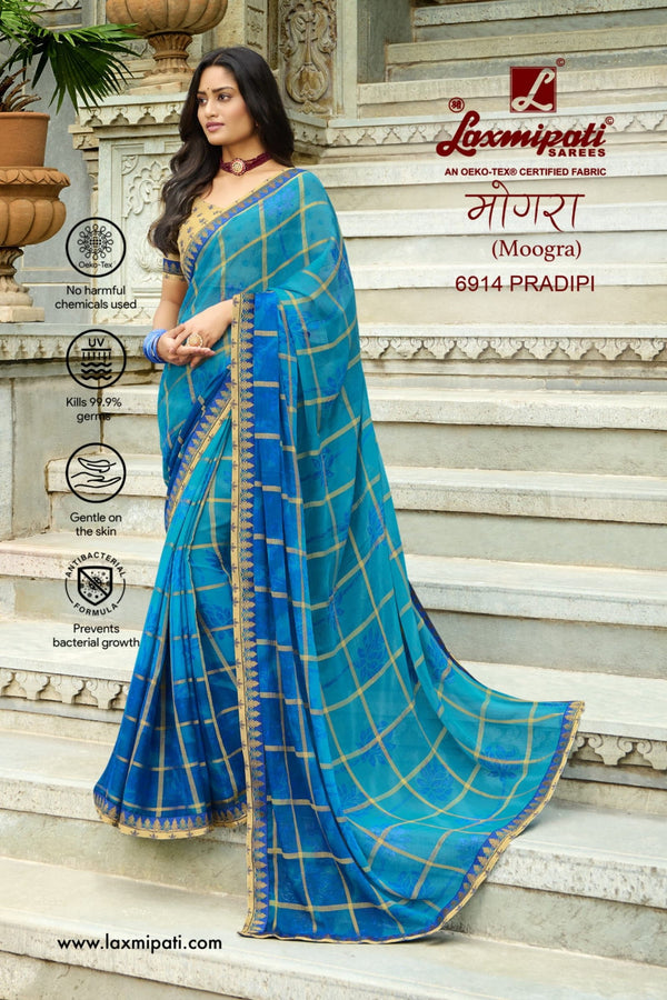 Laxmipati Moogra 6914 Blue Chiffon Saree