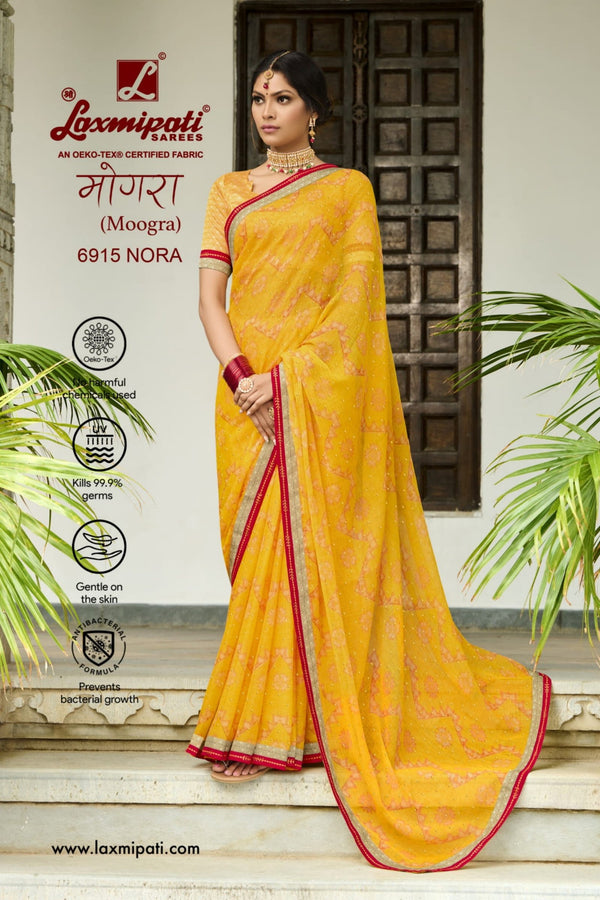 Laxmipati Moogra 6915 Yellow Chiffon Saree