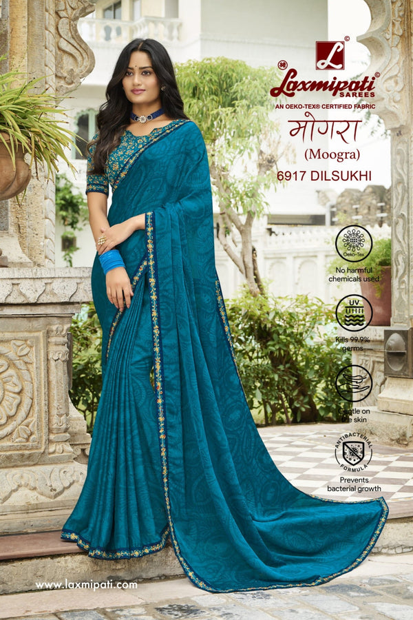 Laxmipati Moogra 6917 Blue Satin Chiffon Saree