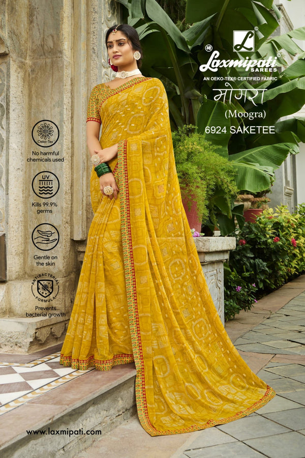 Laxmipati Moogra 6924 Yellow Chiffon Saree