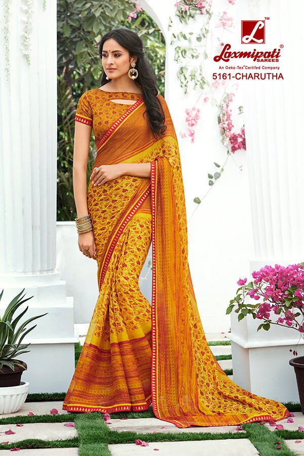 Laxmipati Rangrezi 5161 Yellow Chiffon Saree