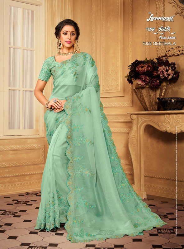 Laxmipati Param Sundari 7058 Green Tissue Georgette Saree