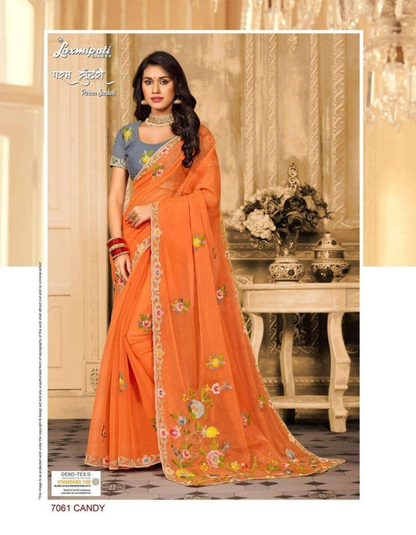 Laxmipati Param Sundari 7061 Orange Tissue Georgette Saree