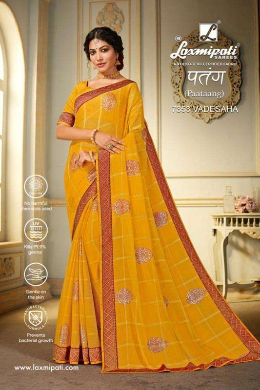 Laxmipati Patang 7353 Yellow Chiffon Saree