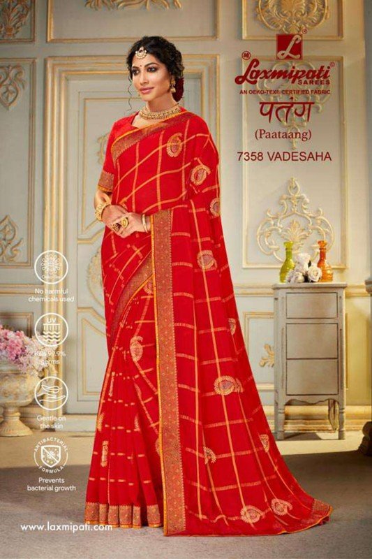 Laxmipati Patang 7358 Red Chiffon Saree