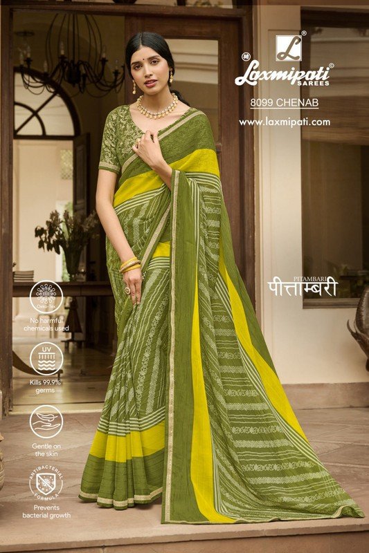 Laxmipati Pitambari 8099 Olive Green Sparkle Chiffon Saree