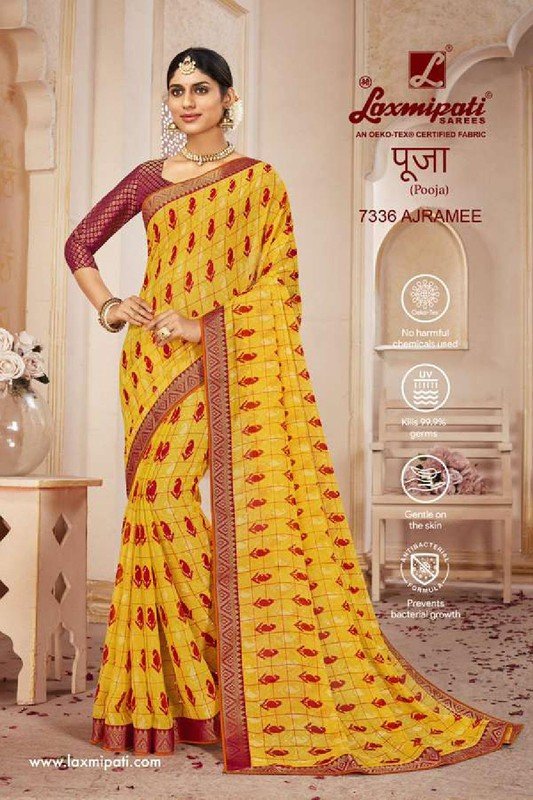 Laxmipati Pooja 7336 Yellow Chiffon Saree