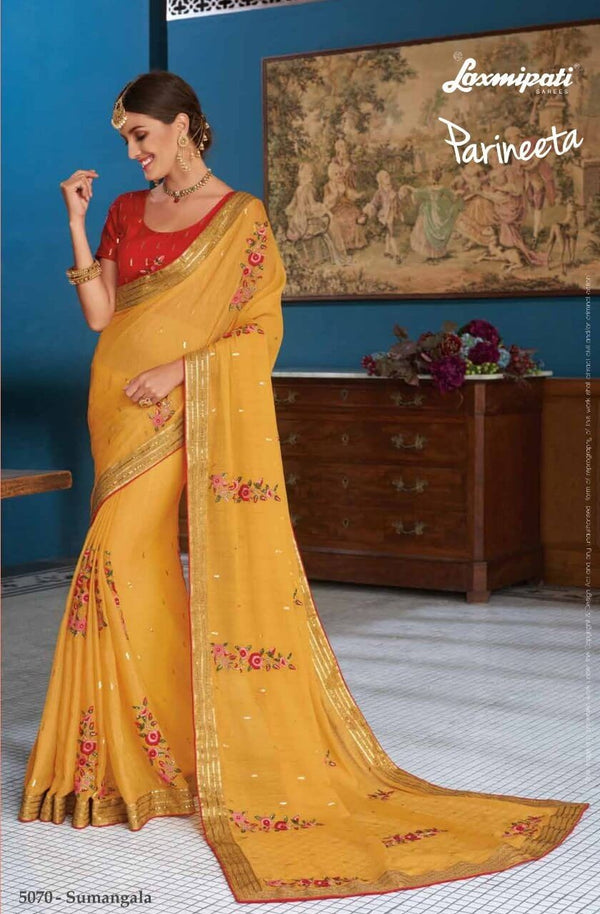 Laxmipati Parineeta 5070 Yellow Crepe Chiffon Saree