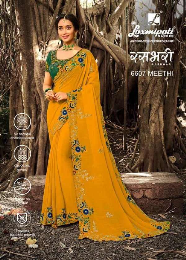 Laxmipati Rasbhari 6607 Yellow Chiffon Saree