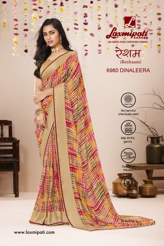 Laxmipati Reshaam 6980 Cream Georgette Saree