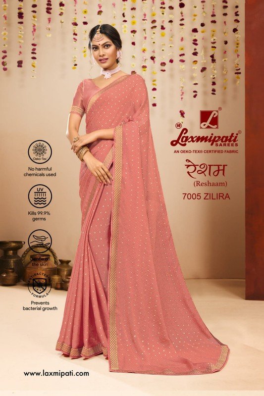 Laxmipati Reshaam 7005 Peach Metallic Chiffon Saree