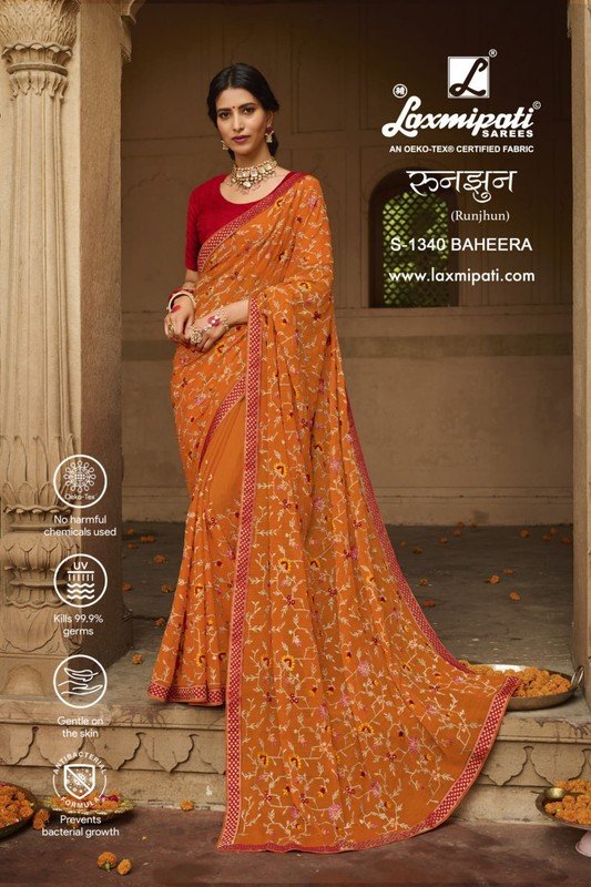 Laxmipati Runjhun S-1340 Orange Chiffon Saree