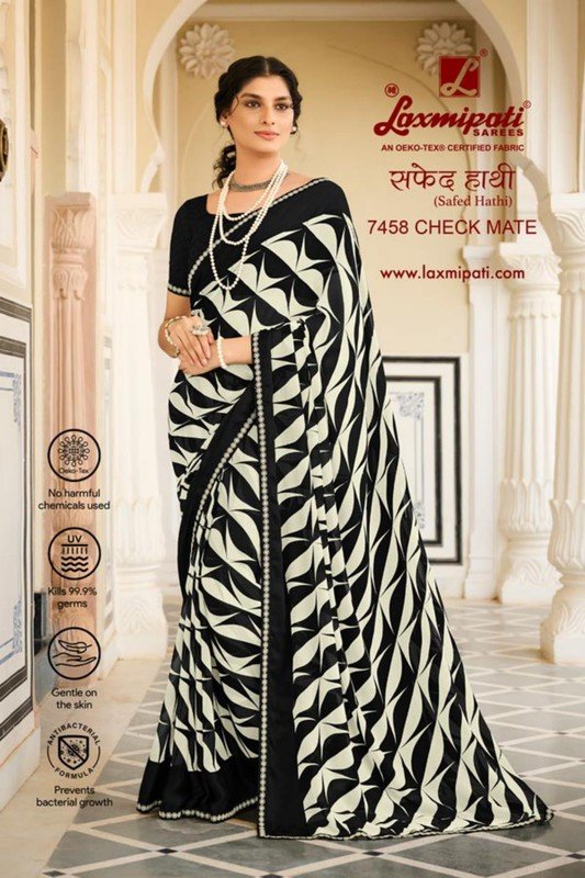 Laxmipati Safed Hathi 7458 Black Georgette & Jacquard Saree