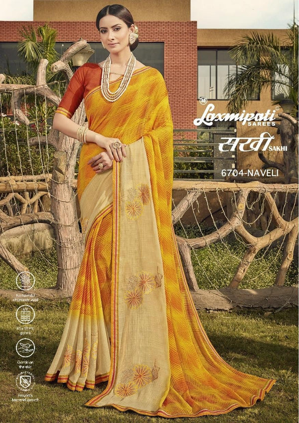 Laxmipati Sakhi 6704 Yellow Chiffon Saree