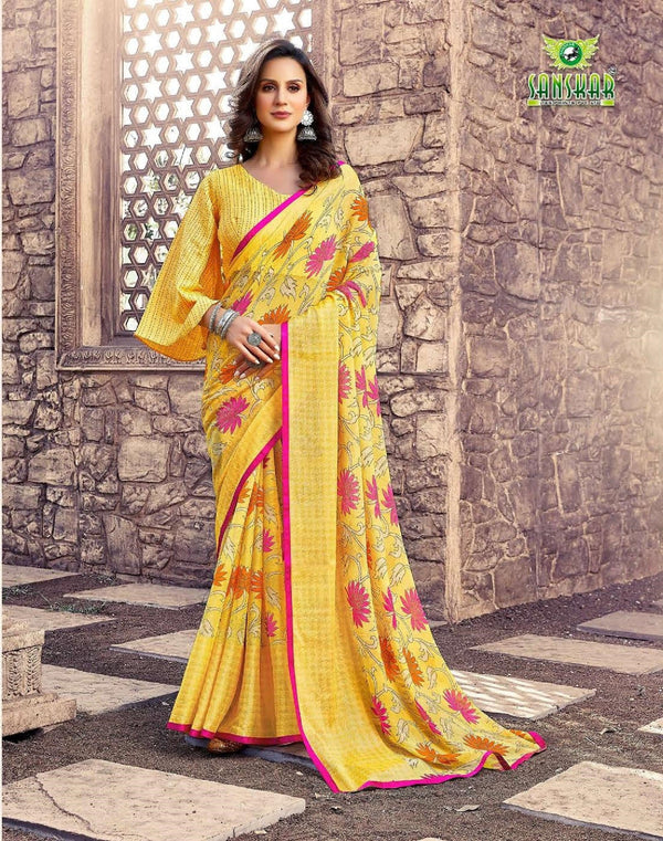 Sanskar Nyra Stp-51002 Yellow Chiffon Brasso Saree