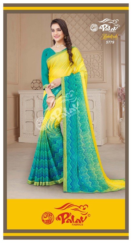 Palav Kalakruti P5779 Yellow Silk Chiffon Saree