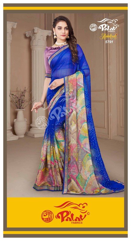 Palav Kalakruti P5791 Blue Silk Chiffon Saree