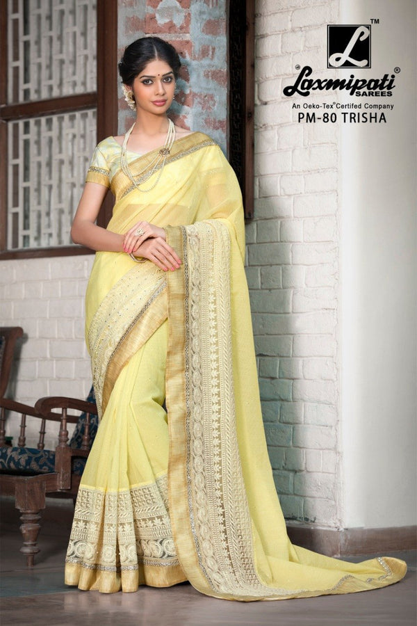 Laxmipati Devrani Pm-80 Yellow Cotton Silk Saree