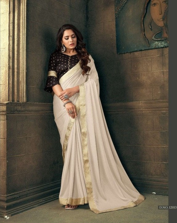 Sanskar Sanskar Heli Stp-12013 Cream Chiffon Saree