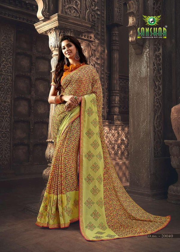 Sanskar Sanskar Nayna Stp-20040 Yellow Chiffon Saree