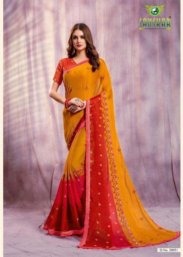 Sanskar Sanskar Nayna Stp-20051 Yellow Chiffon Saree