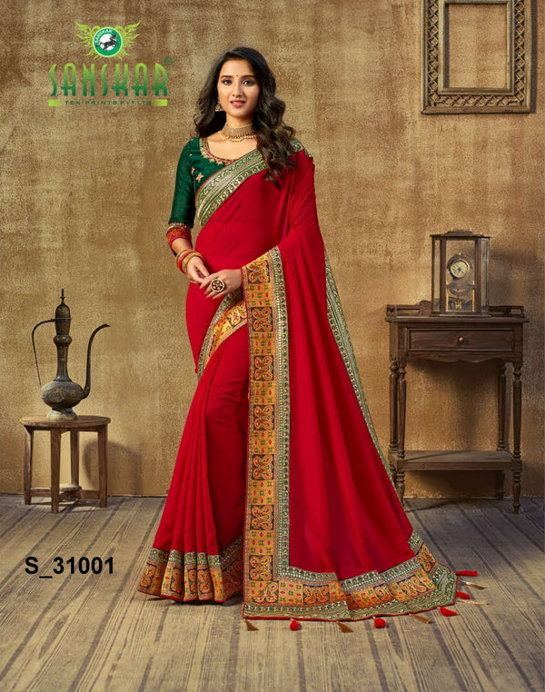 Sanskar Peacock Stp-P31001 Red Vichitra Silk Saree