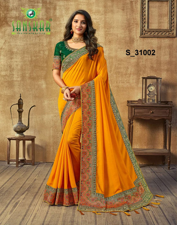 Sanskar Peacock Stp-P31002 Yellow Vichitra Silk Saree