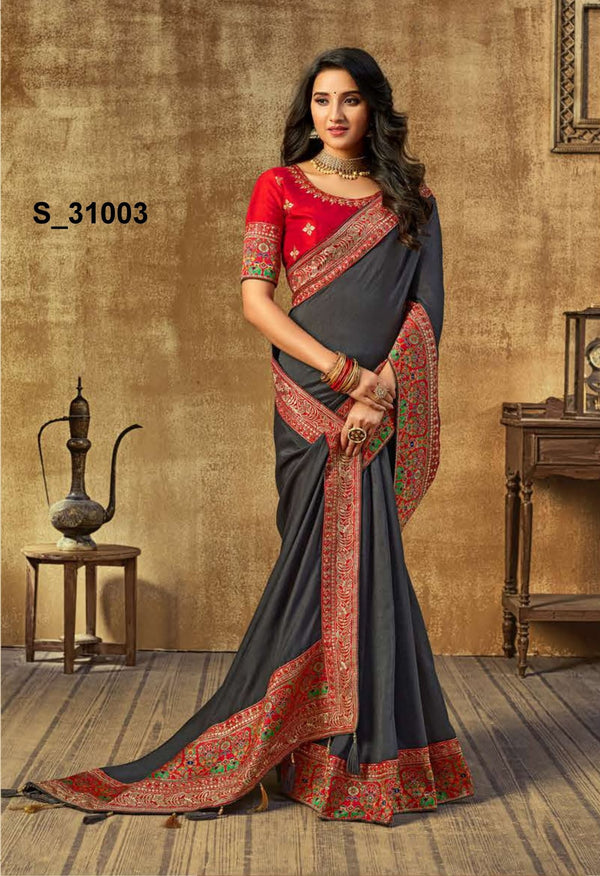 Sanskar Peacock Stp-P31003 Grey Vichitra Silk Saree