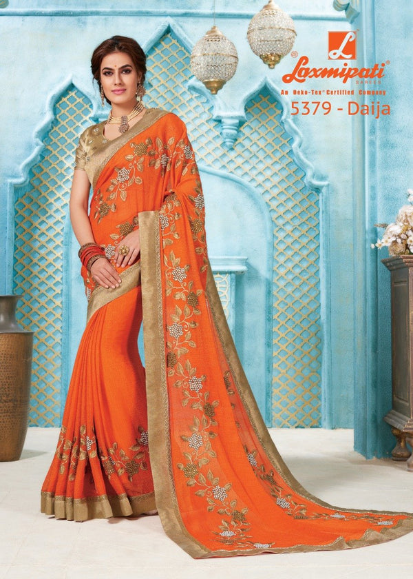 Laxmipati Son Chiraiya 5379 Orange Chiffon Saree