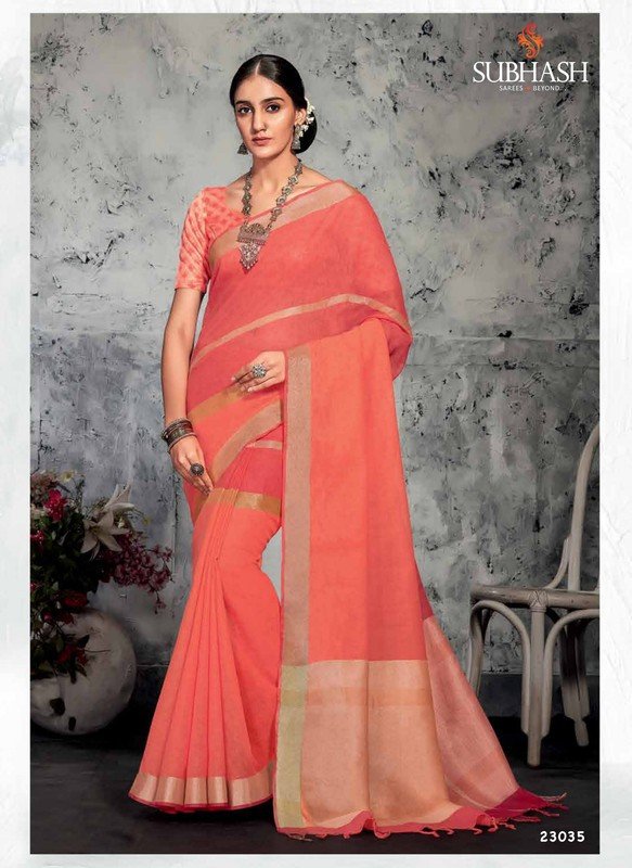 Subhash Aura-3 Sb-23035 Peach Linen Saree