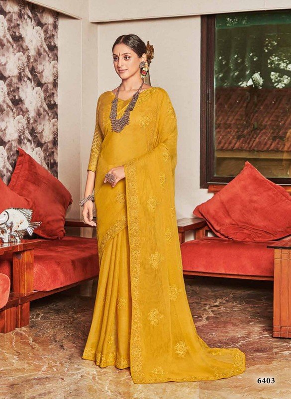 Subhash Gaurawi Sb-6403 Yellow Chiffon Saree