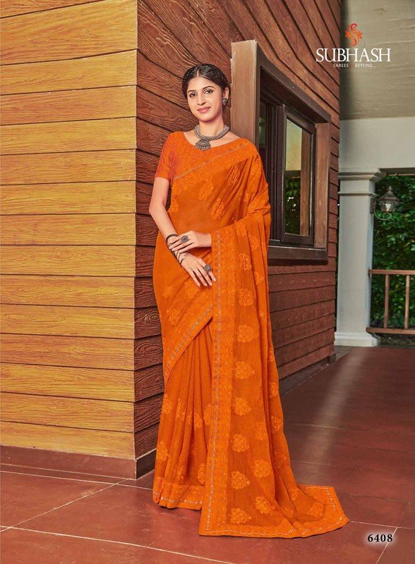 Subhash Gaurawi Sb-6408 Orange Chiffon Saree