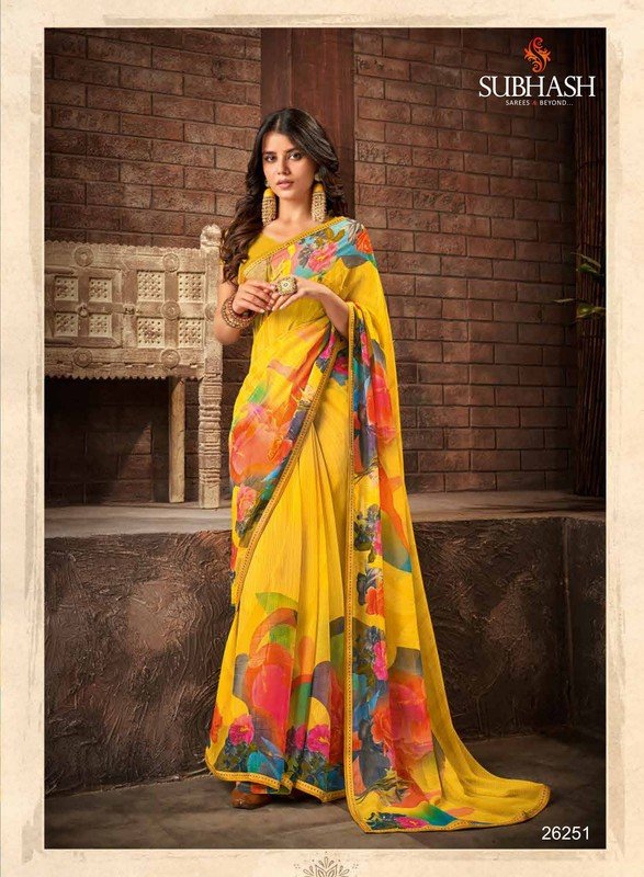 Subhash Radha Sb-26251 Yellow Silk Chiffon Saree