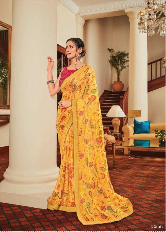 Subhash Sajawat Sb-13556 Yellow Brasso Chiffon Saree