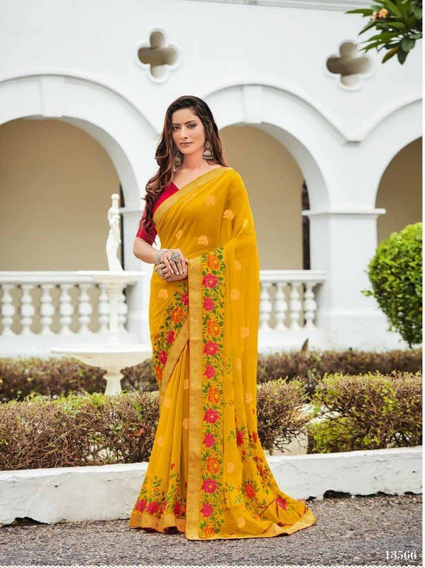 Subhash Sajawat Sb-13566 Yellow Brasso Chiffon Saree