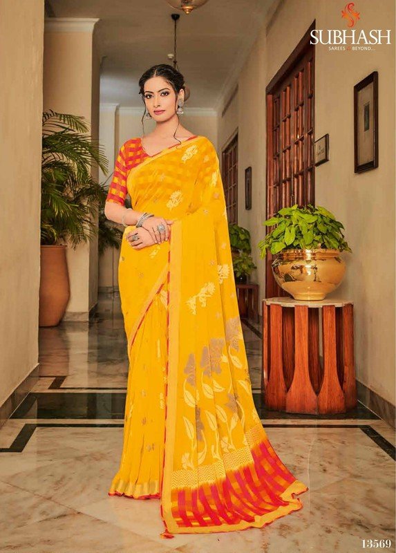 Subhash Sajawat Sb-13569 Yellow Brasso Chiffon Saree