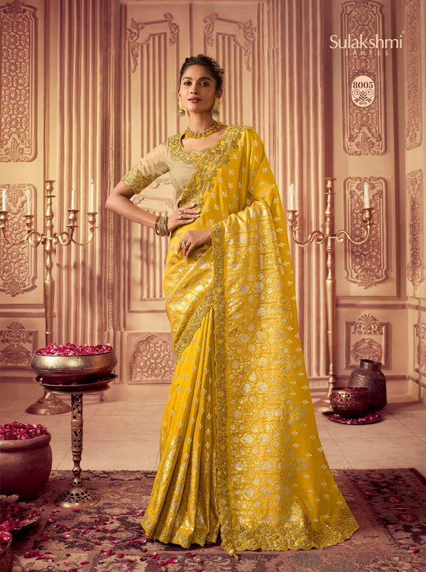 Sulakshmi Suvarna Ss-8005 Yellow Cousmo Tissue Silk Saree