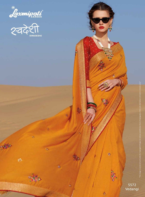 Laxmipati Swadeshi 5572 Yellow Satin Silk Saree