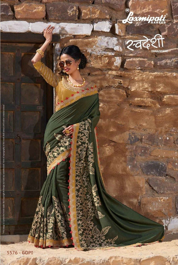 Laxmipati Swadeshi 5576 Green Satin Silk Saree